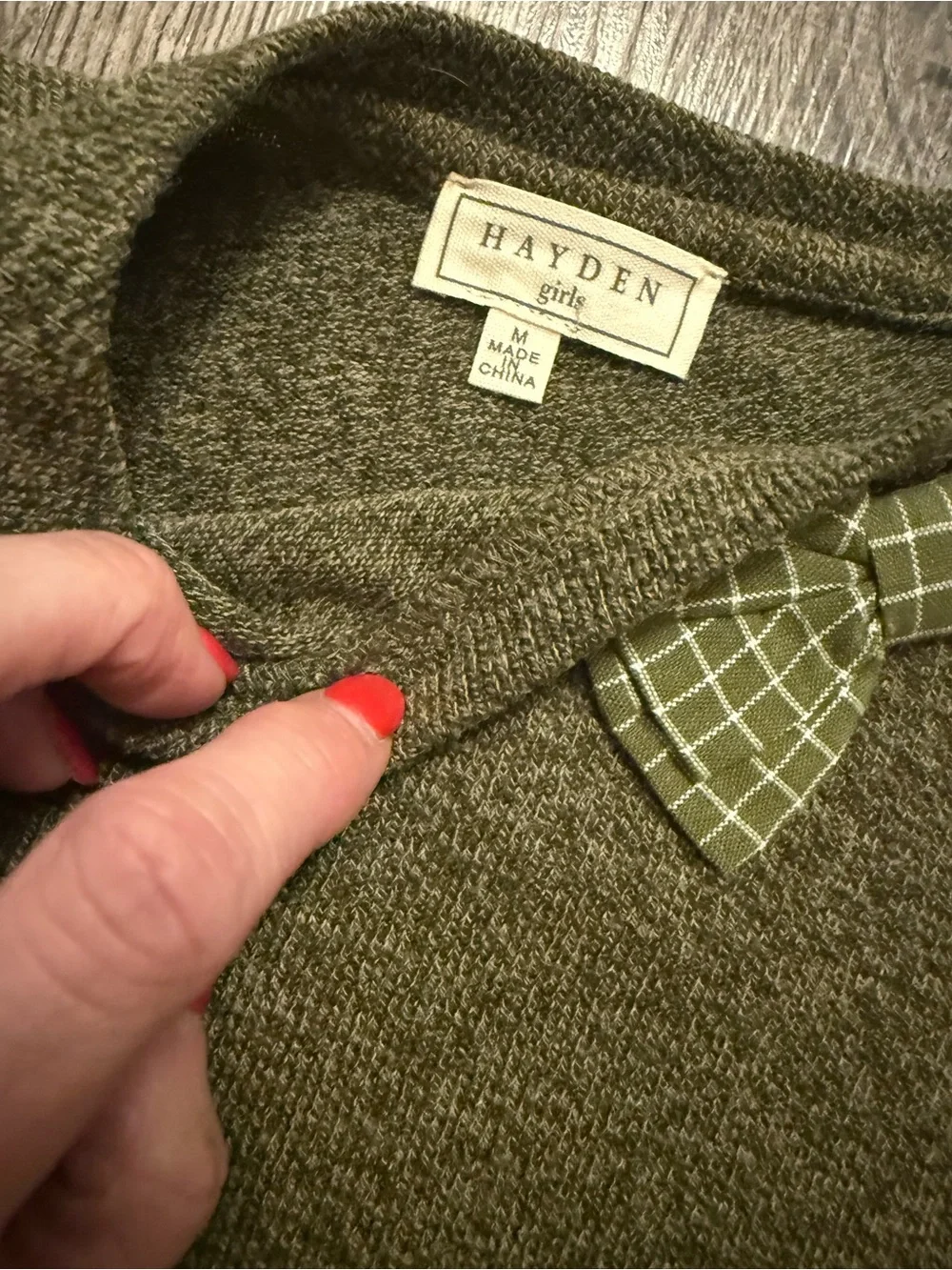 Hayden Girls Olive Green Puff-Sleeve Knit Sweater with Plaid Bow